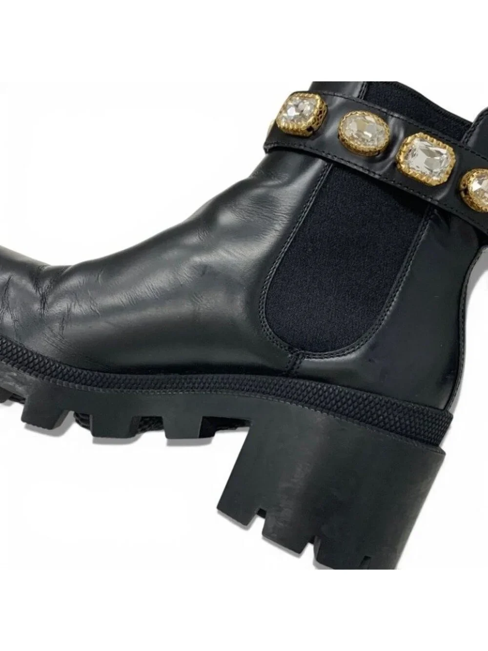 Gucci Short Boots Shoes Leather Black Bijoux GG Marmont Belt Side Gore - Picture 9 of 10